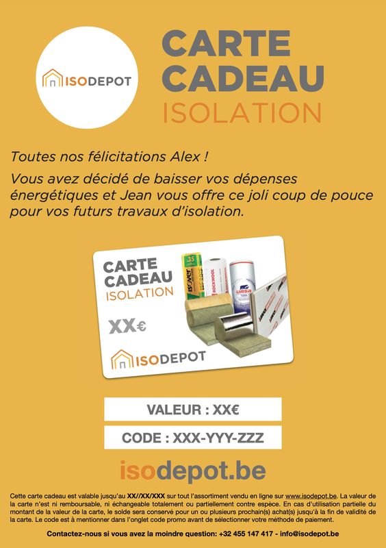 Photo de CARTE CADEAU ISOLATION ISODEPOT - VALEUR DE 175€